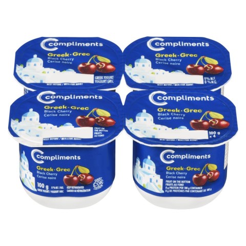 Compliments Black Cherry Greek Yogurt 0% M.F. 4x100g | Canadian Goodness