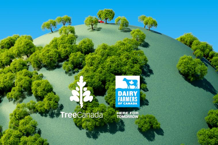 We see a small red barn sitting on top of an animated 3D planet covered in green oak trees as it spins and the headline “Together for a greener tomorrow” moves into a bright blue sky. The Dairy Farmers of Canada logo and the Tree Canada logo can be seen in the forefront.