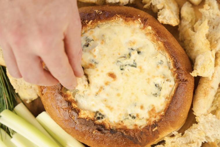 Spinach Artichoke Dip with Jalapeno in a Bread Bowl