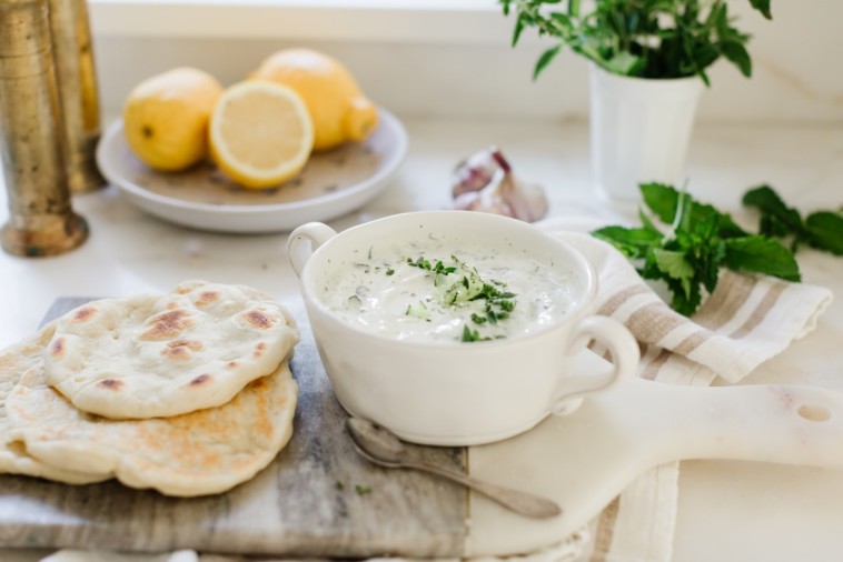 Lemon & Herb Tzatziki with Stovetop Pitas and Chicken Skewers