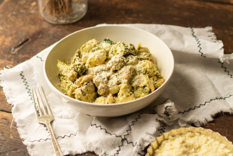 White Beans and Greens Gnocchi with Creamy Green Pea Sauce