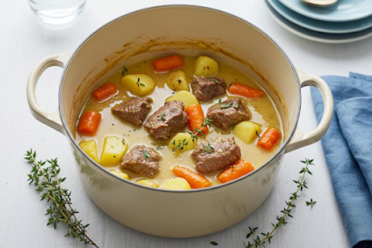 Top-down image of a pot of irish lamb stew