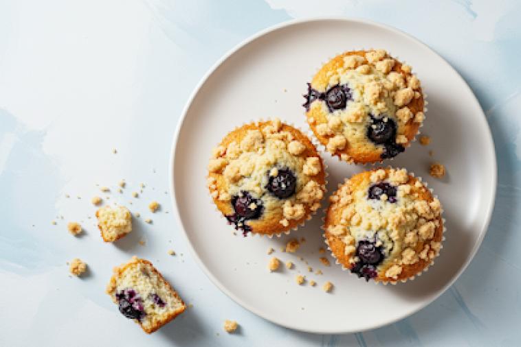 Plate of three blueberry streusel muffins