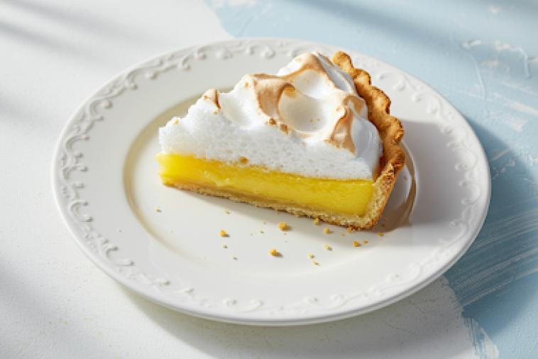 Lemon merange pie on a white plate