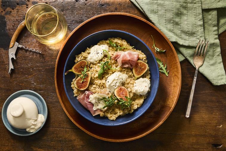 Roasted Garlic Risotto with Burratini and Figs