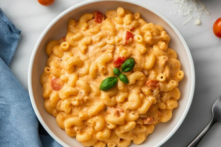 Bowl of creamy tomato mac and cheese with basil.