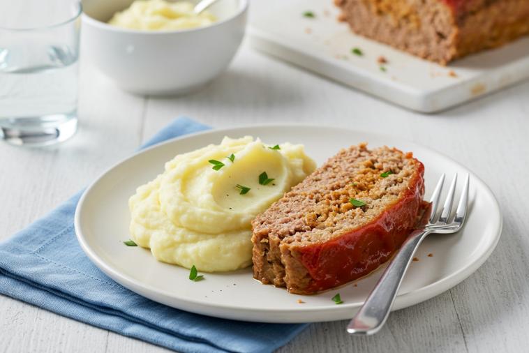 Slice of meatloaf with mashed potatoes on a plate