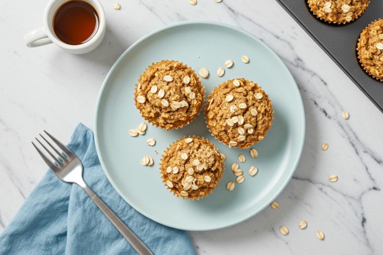 Top-down image of three oatmeal raisin muffins on a plate