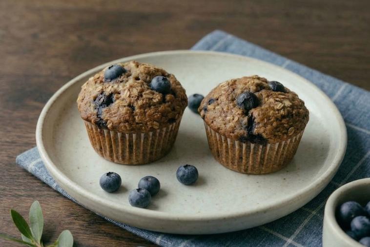 Two blueberry bran muffins in paper liners on a white plate, with fresh blueberries scattered around, on a white textured tablecloth
