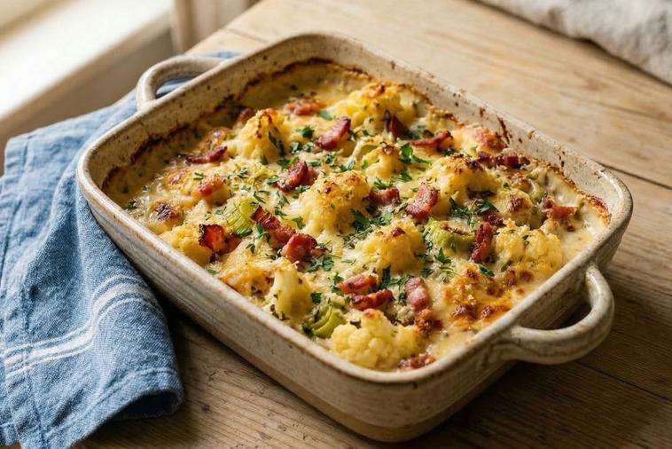 cauliflower leek and bacon gratin