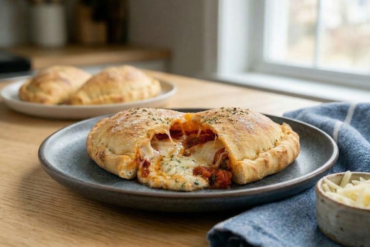 Golden-brown calzones stuffed with ricotta cheese on a ceramic plate, served with a side salad and a glass of red wine, creating an inviting Italian meal