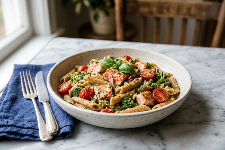 Penne Primavera with Fresh Salmon