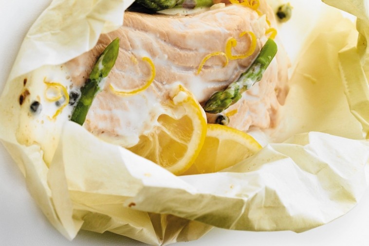 Atlantic Salmon & Asparagus en Papillote with Lemon Caper Sauce