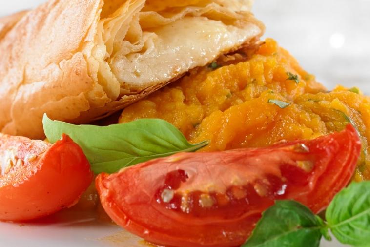 avonlea clothbound cheddar feuillete with sweet potato puree and roasted tomatoes