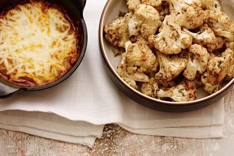 baked cauliflower with cheesy madras curry dip