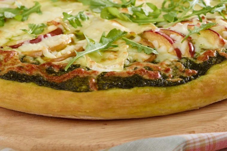 brie mozzarella peach pizza with basil arugula pesto brie mozzarella peach pizza with basil arugula pesto