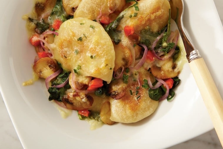 cheddar crusted perogies and veggies