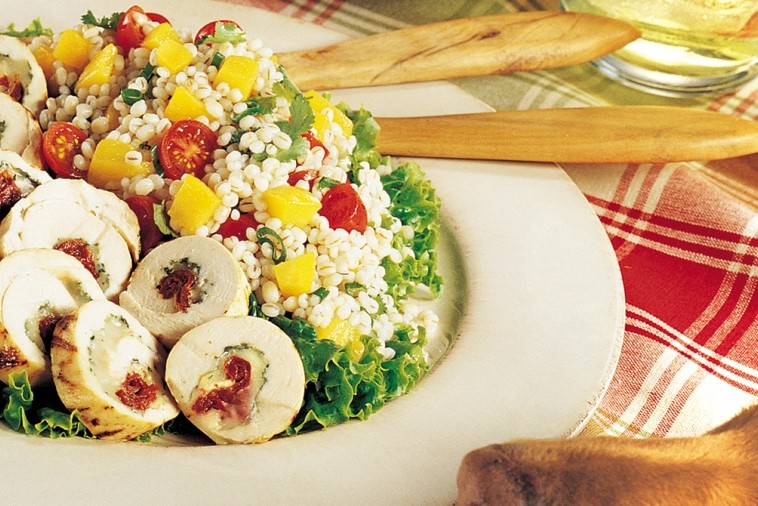 cheese stuffed chicken breasts on barley salad with peaches cheese stuffed chicken breasts on barley salad with peaches