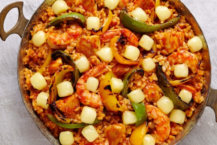 cheesy paella with grilled peppers cheesy paella with grilled peppers