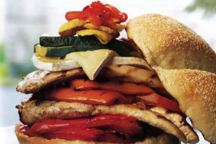 chicken burger with grilled vegetables and brie chicken burger with grilled vegetables and brie