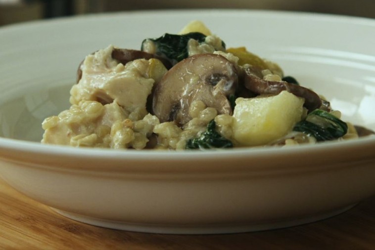 chicken mushroom barley risotto with pear asiago