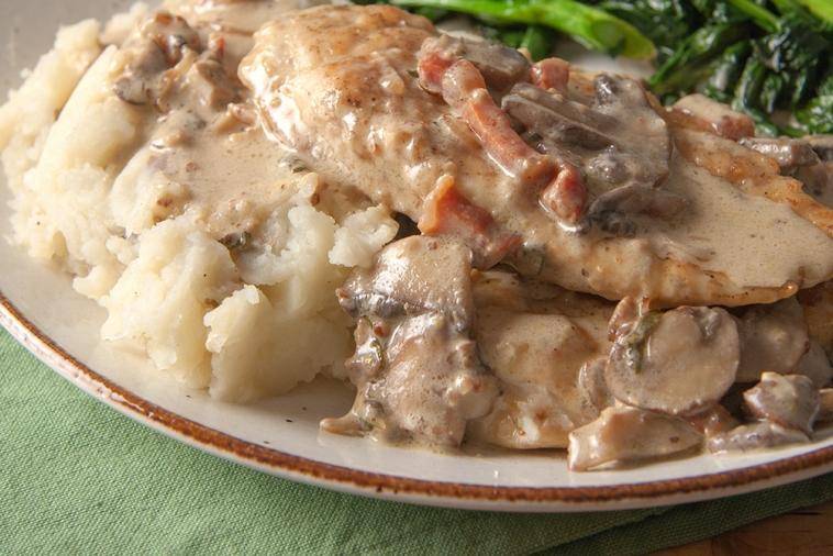 chicken with a quick mustard pancetta and mushroom sauce