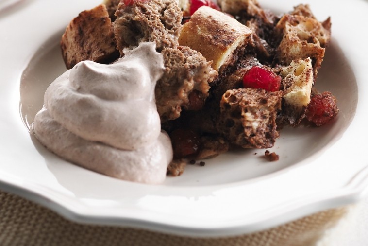 chocolate cherry bread pudding with chocolate cream