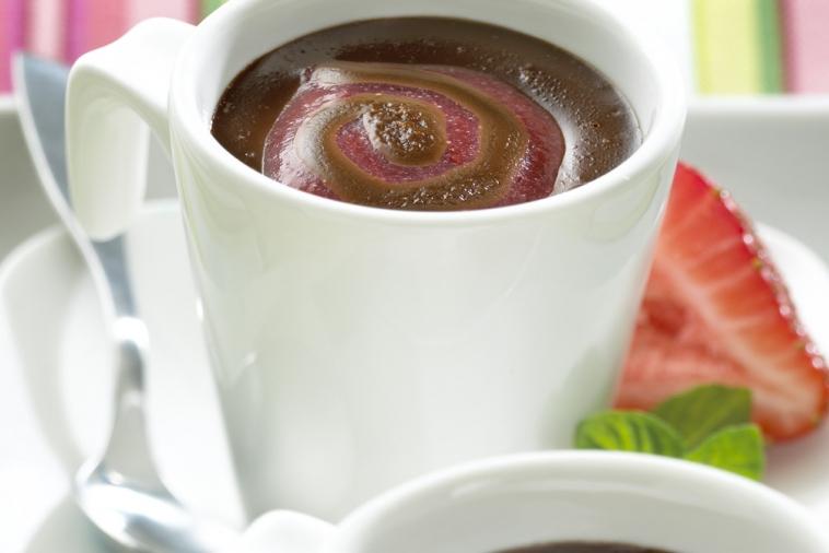 chocolate pot de creme and strawberry coulis swirl