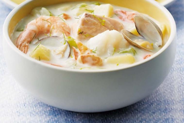 Seafood chowder with fish, shrimp and clams 
