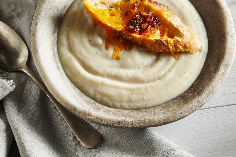 cream of celeriac with cheddar onion