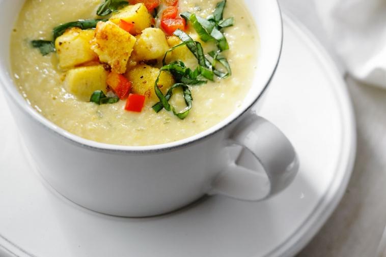 cream of corn and white beans with polenta croutons