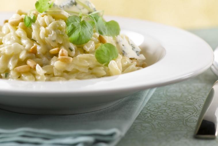 creamy orzo risotto with blue cheese and pine nuts