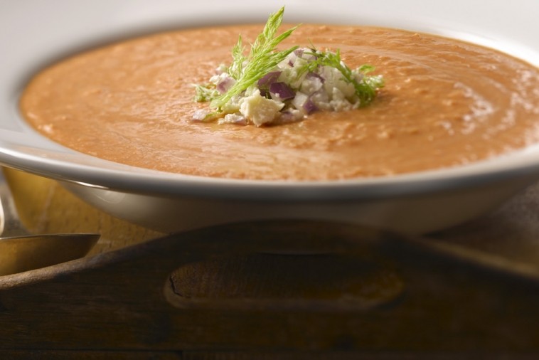 creamy roasted tomato and fennel soup with feta cheese