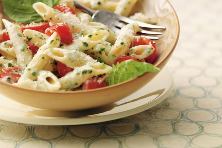 fresh tomato and pesto penne with parmesan