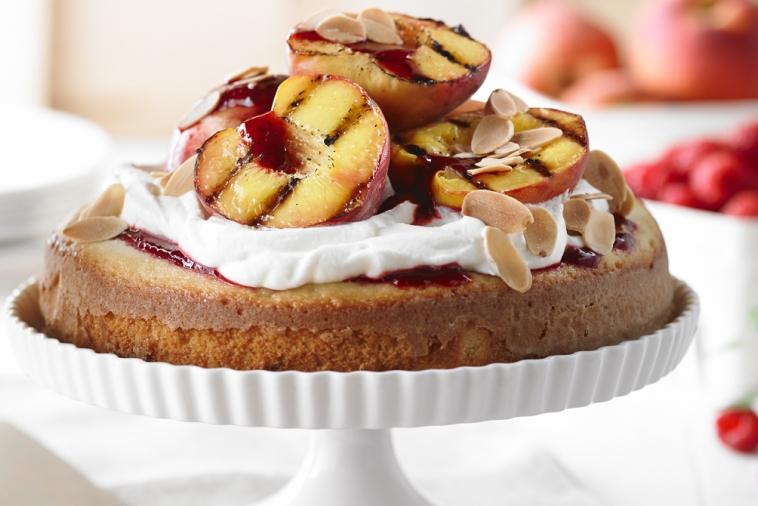 grilled peach trifle with lemon buttermilk cake