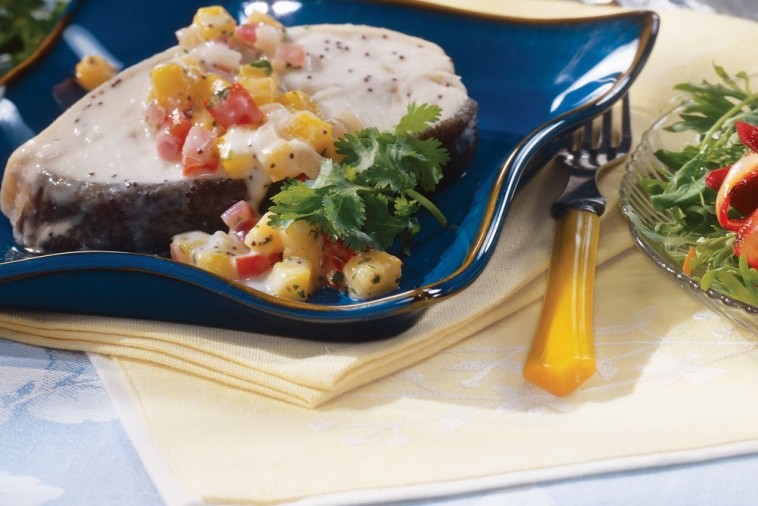 halibut on tropical fruit salsa