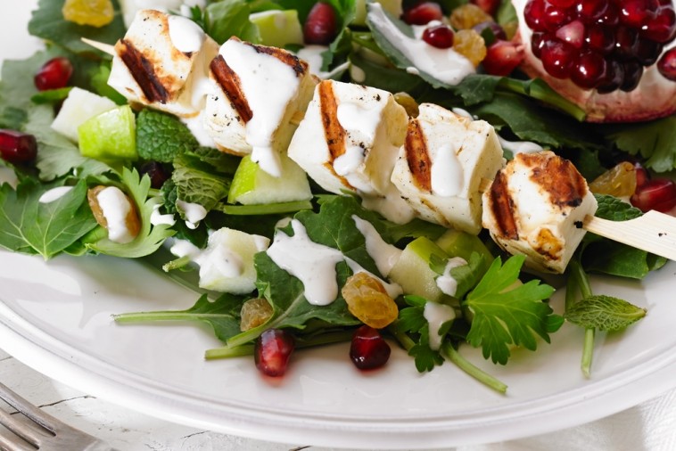 Halloumi-and-Vegetable Skewers with Pomegranate-Tahini Sauce