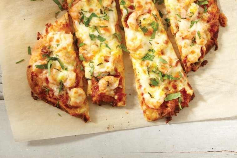 indian style shrimp pizza with mozzarella