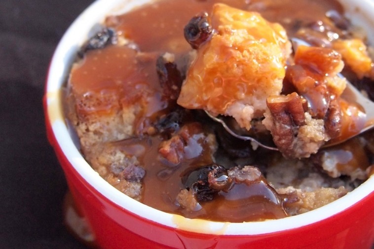 individual maple butter tart bread puddings with maple caramel sauce