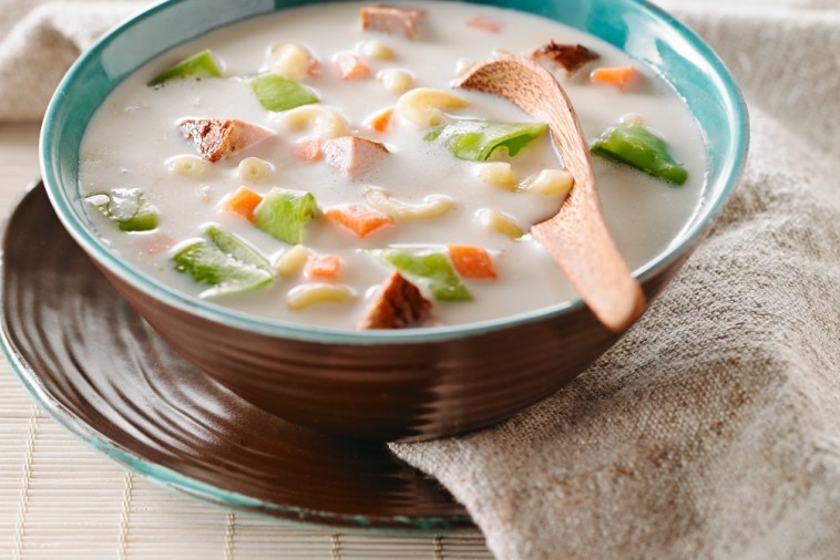 macaroni and bbq pork in milk broth