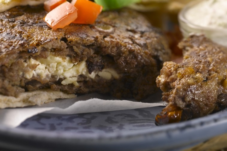 mediterranean style burgers with canadian feta and radish and cucumber tzatziki