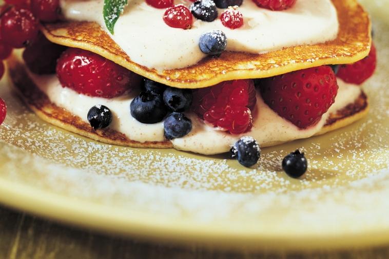 muesli crepe sandwich filled with fruit and cream cheese