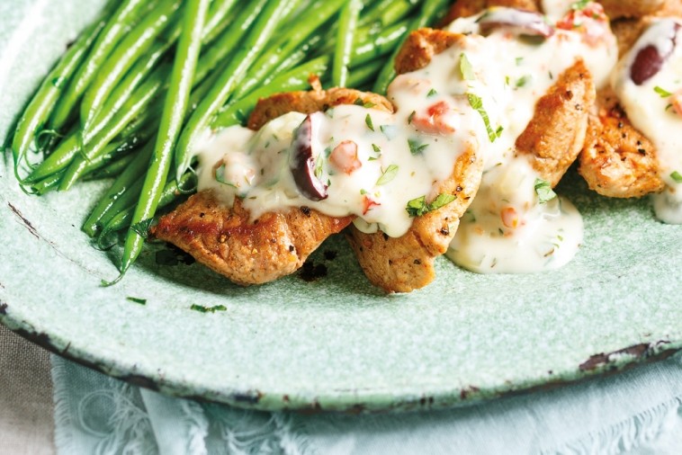 pan fried pork with olive tapenade