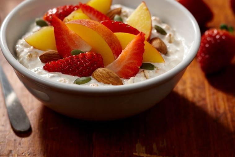 peach strawberry and almond muesli