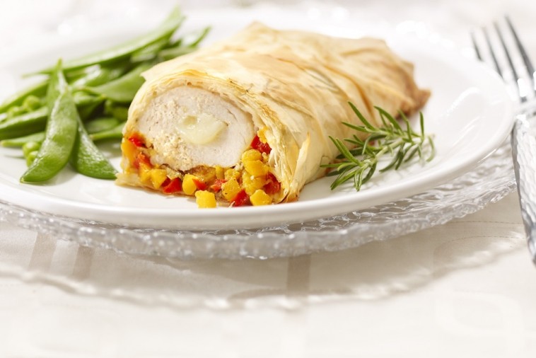 phyllo chicken with brie and veggie confetti