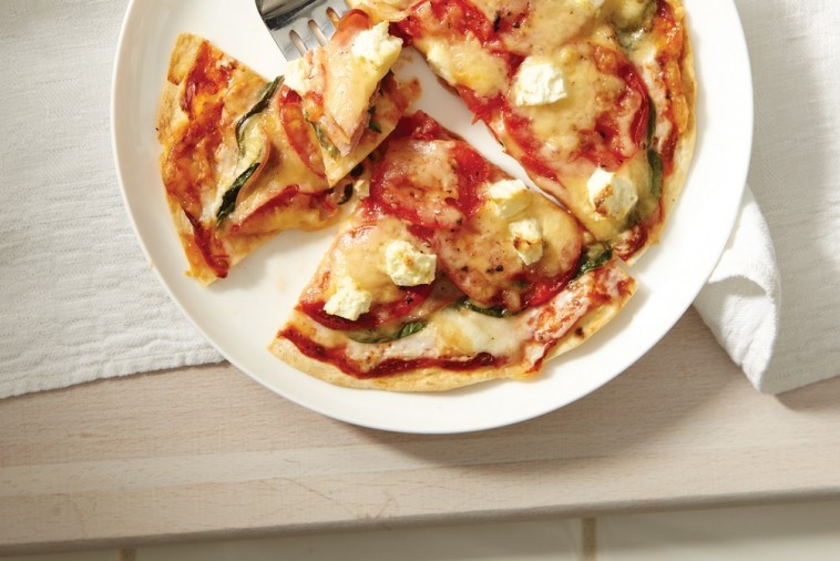 pizza tortillas with ham edam and feta