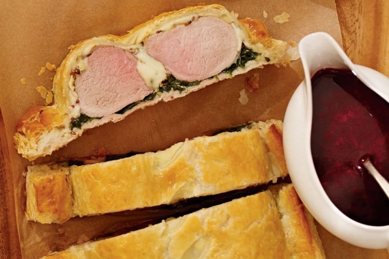 pork wellington with louis d or cheese and beet sauce