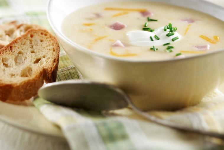 potato cheddar ham soup with chive yogurt