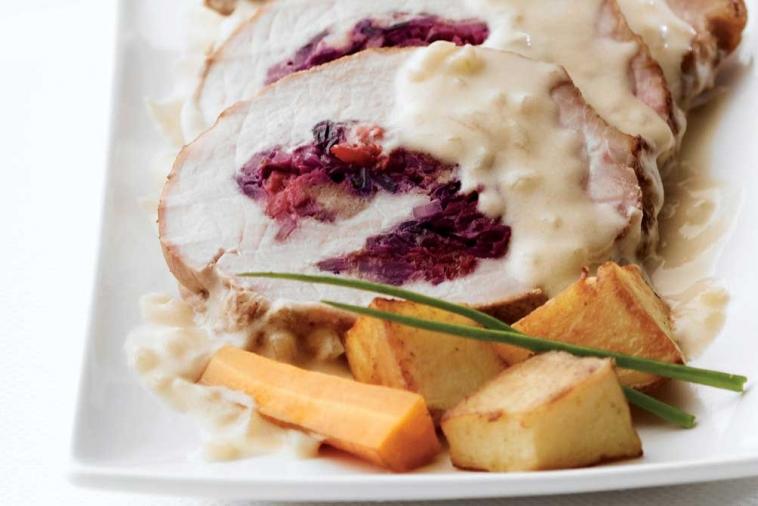 red cabbage cranberry stuffed pork loin with cider cream