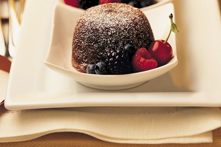 rich double chocolate cake with liquid fruit centre
